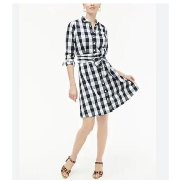 J.CREW Dresses & Skirts - JCrew Womens Poplin Tie Waist Shirt Dress Navy Blue Gingham Preppy Spring Sz 12